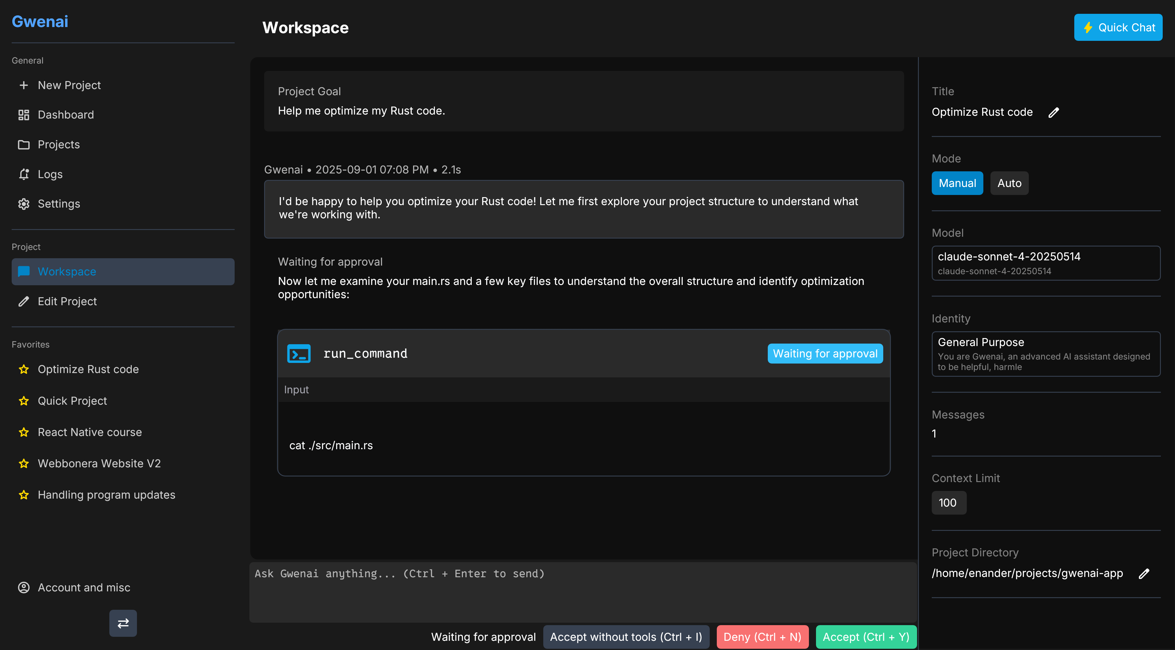 Gwenai workspace interface