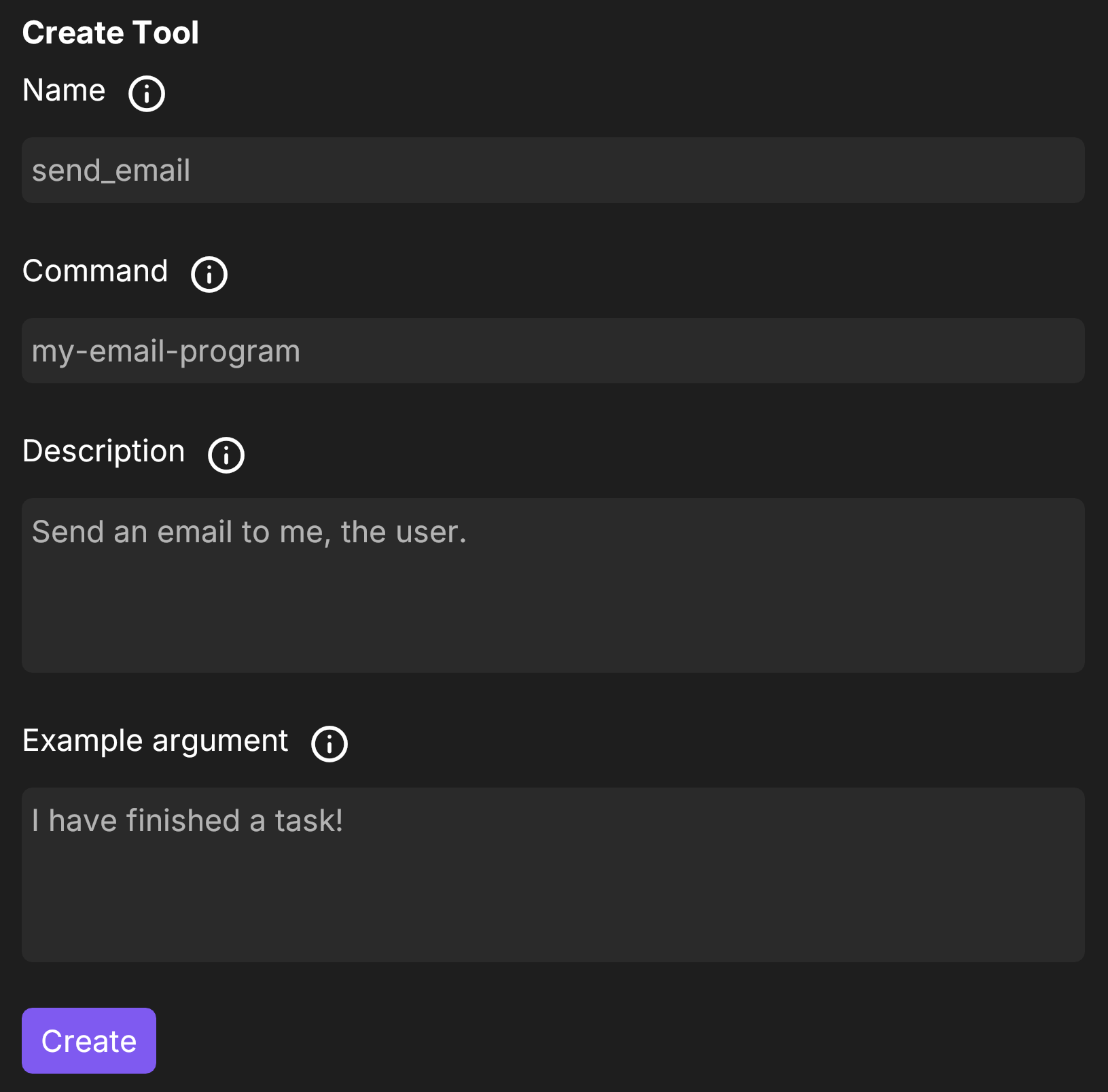 Gwenai create tool interface showing how to create tools
